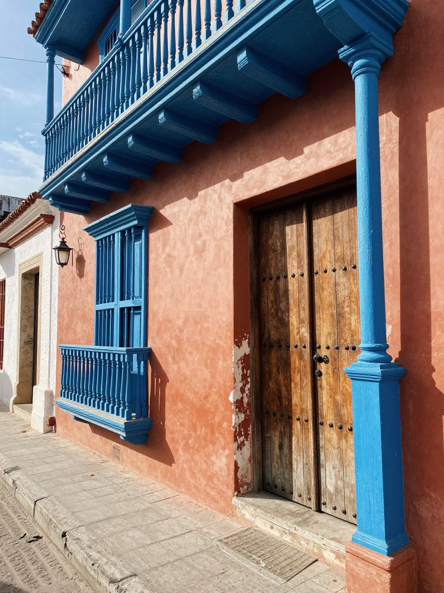 Bright Midmorning Light on Balcony Scene in Cartagena in in Cartagena, Colombia