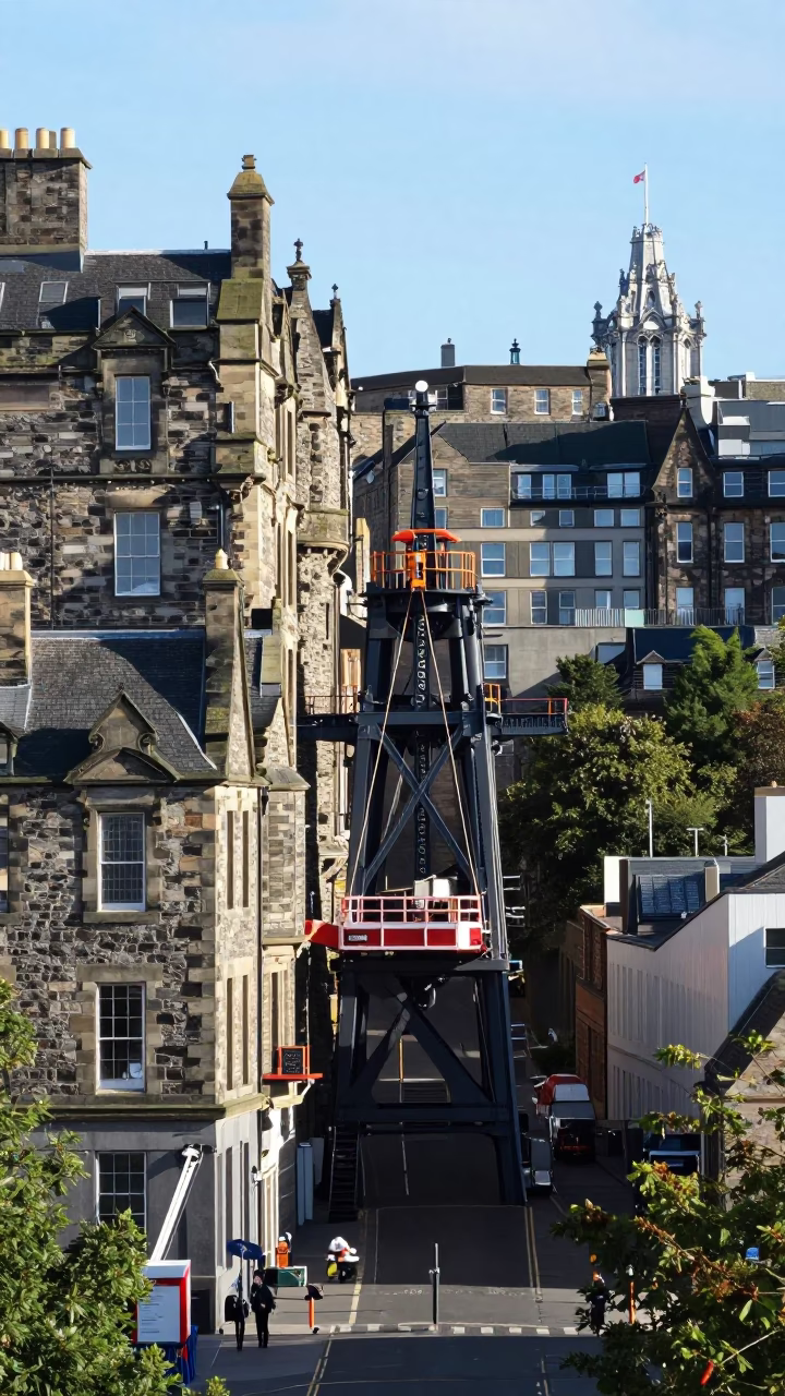 Bright Midmorning Light on Bridge Maintenance Cradle Hanging Above Green River Water in Edinburgh in in Edinburgh, United Kingdom