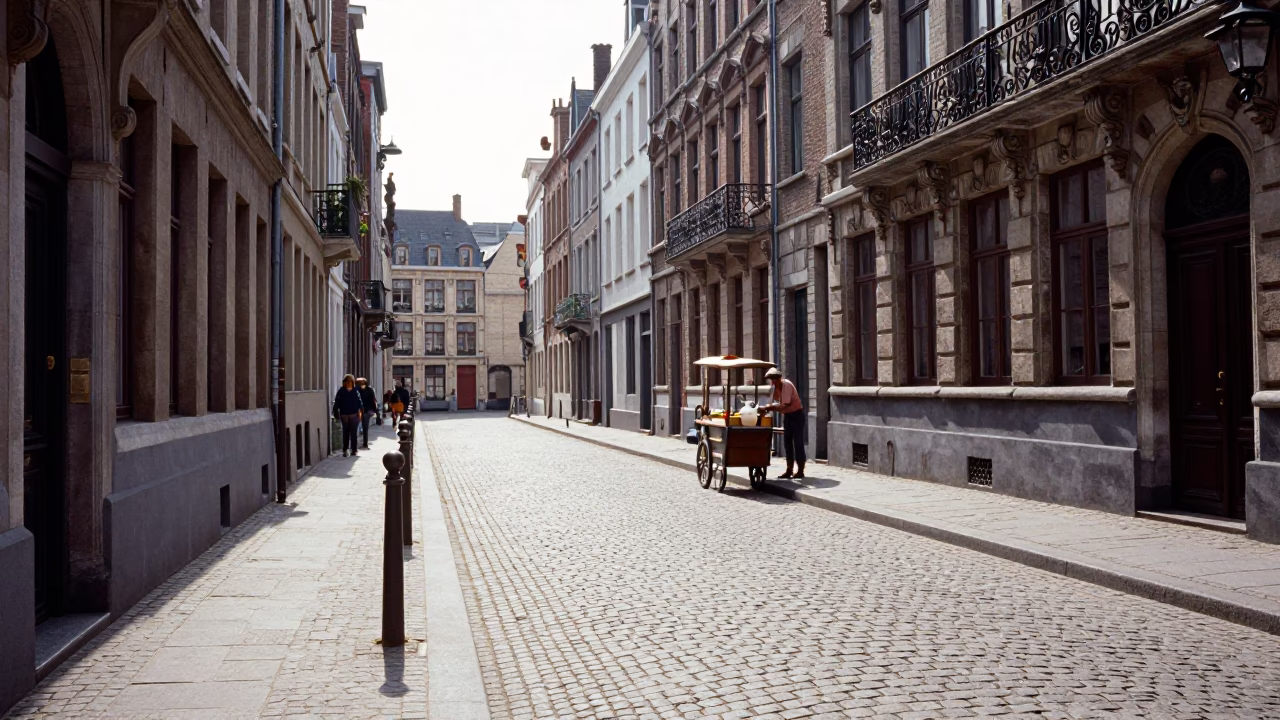 Bright Midmorning Light on Brussels Cobblestones with Glass Pitcher and Peonies in in Brussels, Belgium