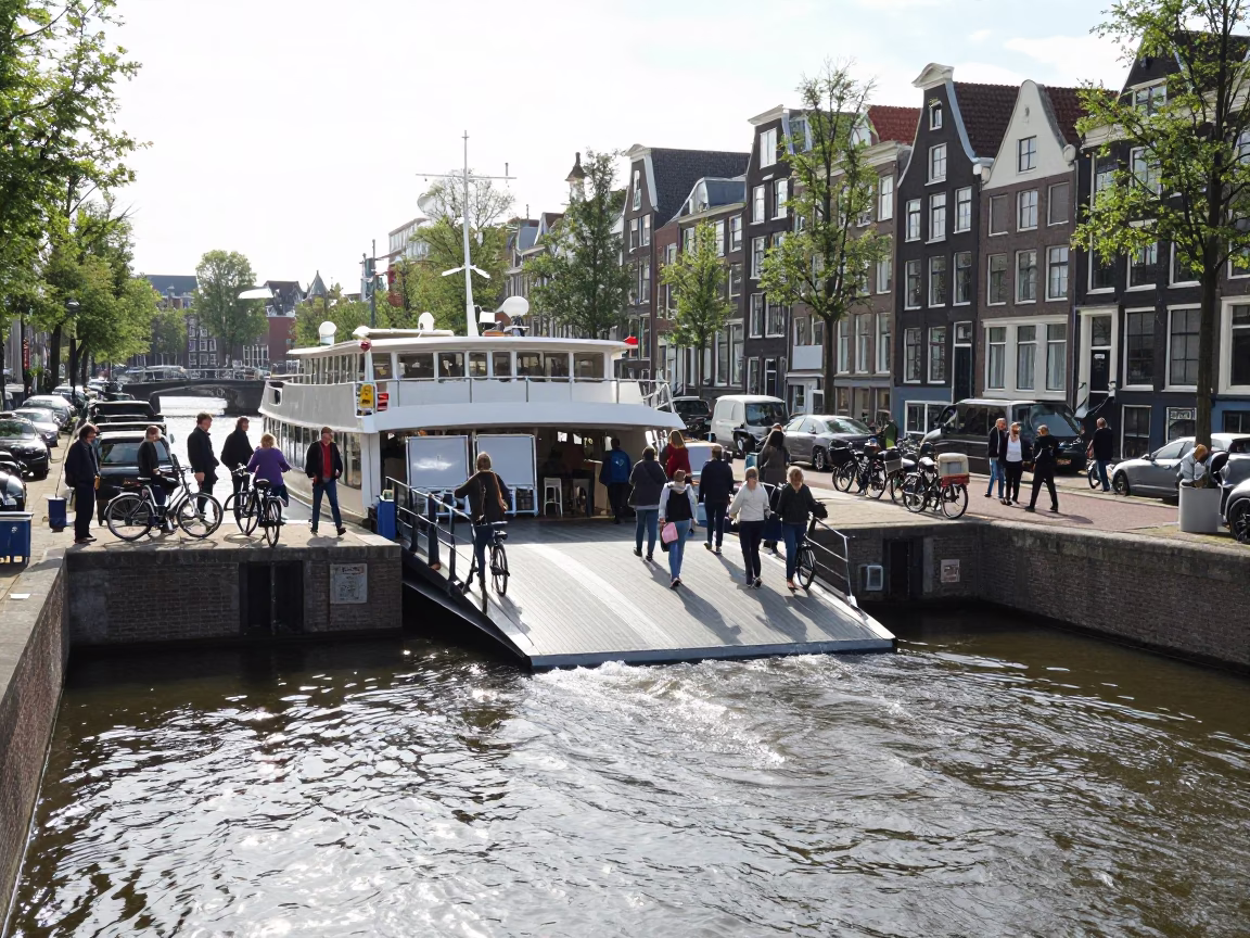 Bright Midmorning Light on Canal Dock in Amsterdam in in Amsterdam, Netherlands