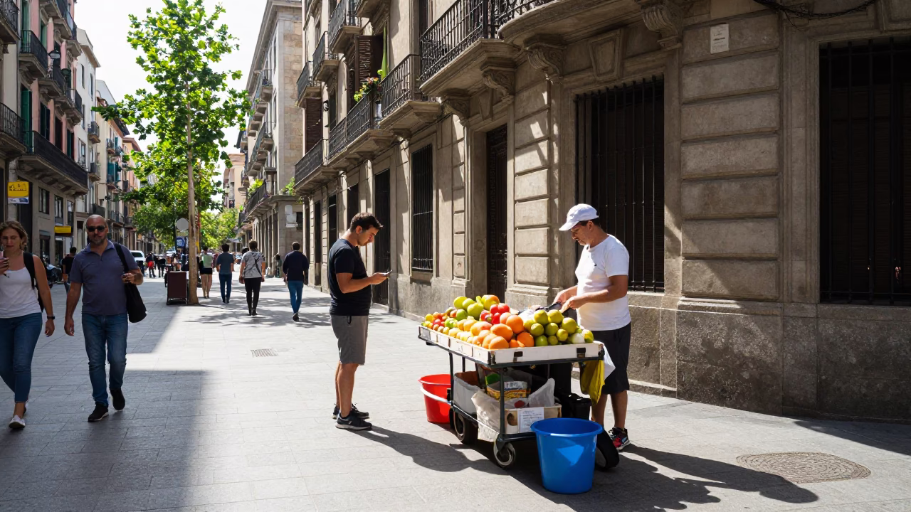 Bright Midmorning Light on Corner Midmorning in Barcelona in in Barcelona, Spain