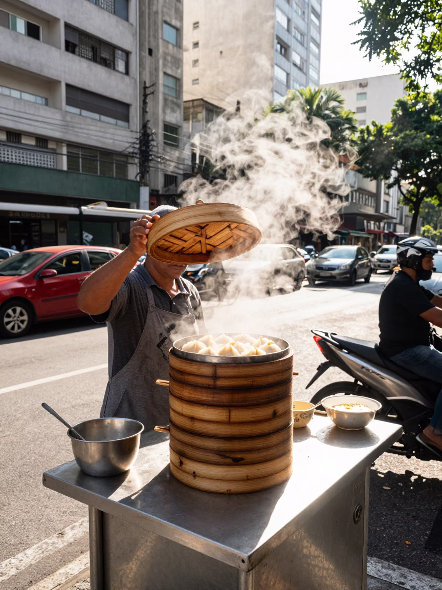 Bright Midmorning Light on Dim Sum in São Paulo in in São Paulo, Brazil
