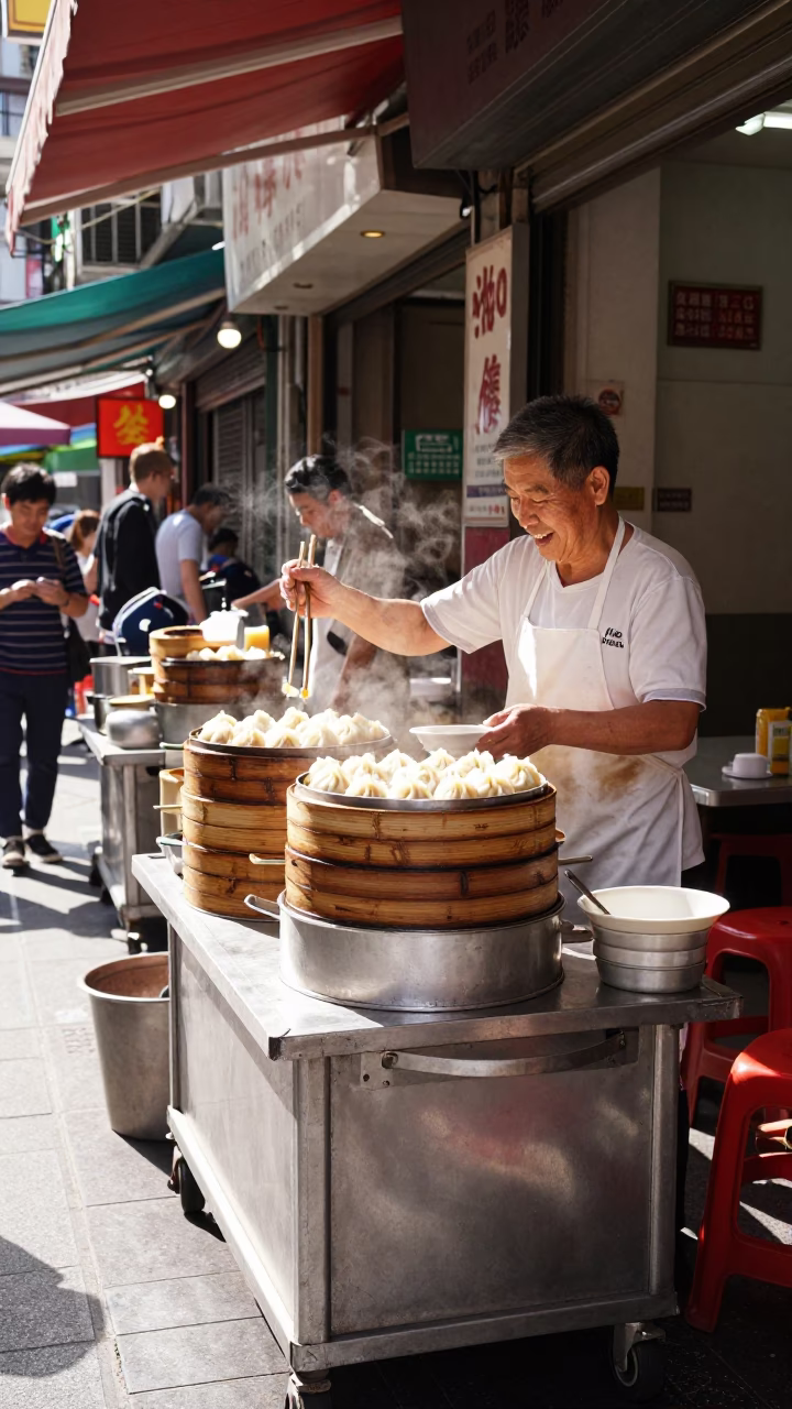 Bright Midmorning Light on Dim Sum in Taipei in in Taipei, Taiwan