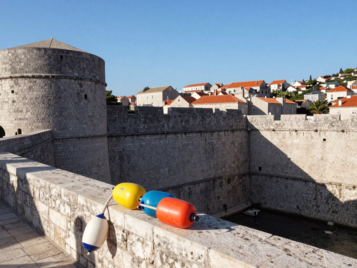 Bright Midmorning Light on Dubrovnik Stone Walls with Fishing Floats and Local Street Scene in in Dubrovnik, Croatia