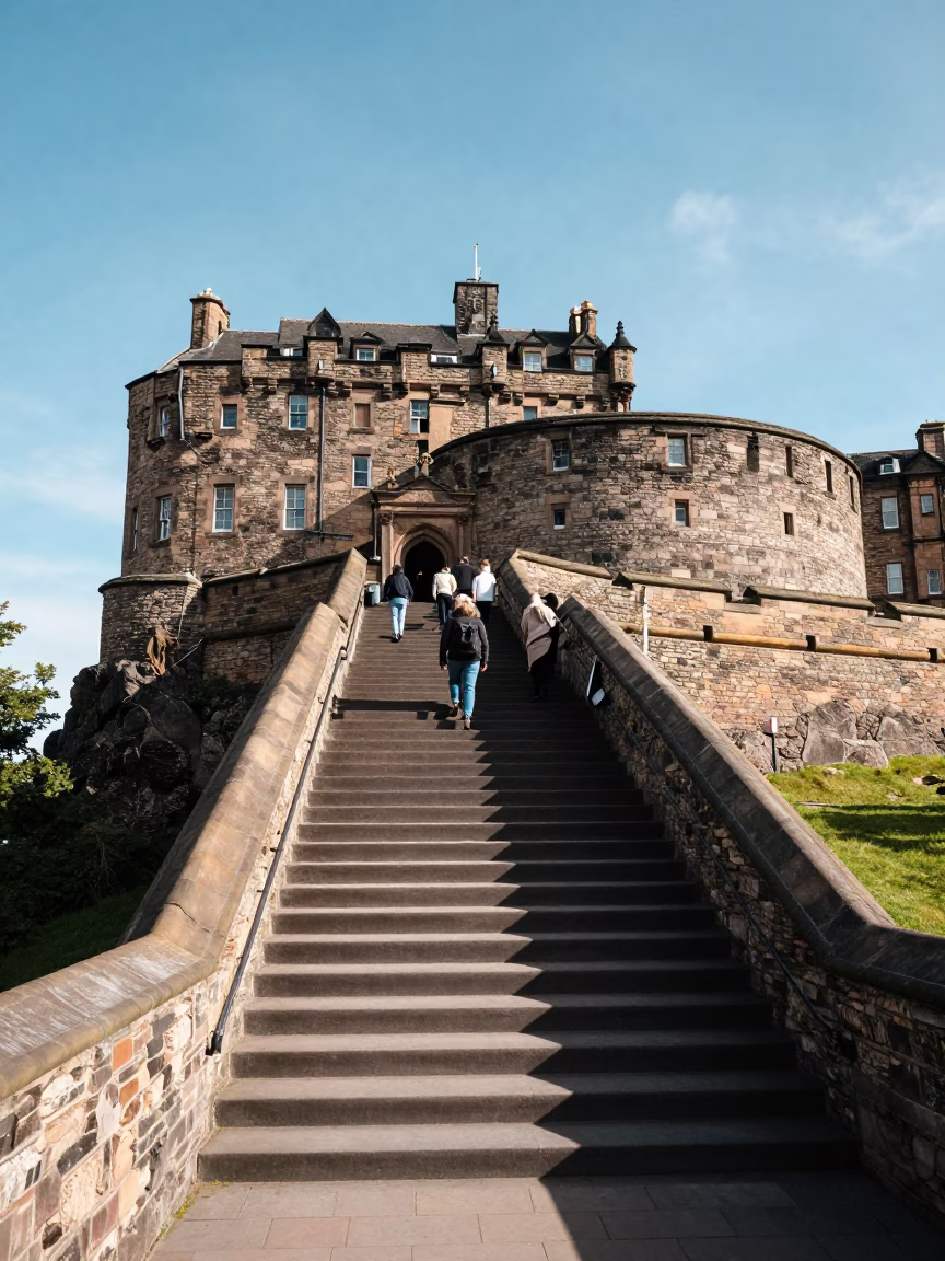 Bright Midmorning Light on Edinburgh Castle Rock with Tourists and Granite Stairs in in Edinburgh, United Kingdom