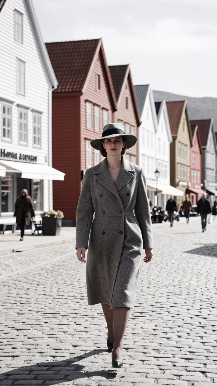 Bright Midmorning Light on Fashion Model in Bergen in in Bergen, Norway