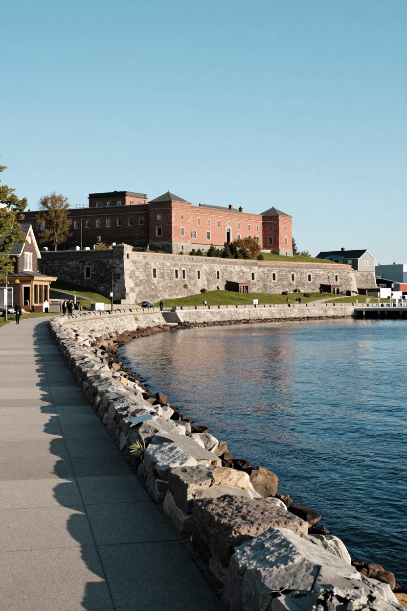 Bright Midmorning Light on Halifax Waterfront Promenade with Local Street Scene in in Halifax, Nova Scotia, Canada