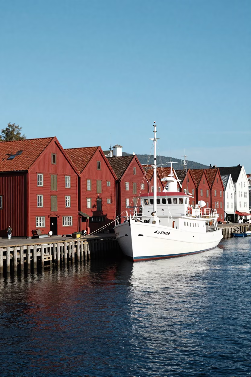 Bright Midmorning Light on Harbor Scene in Bergen in in Bergen, Norway