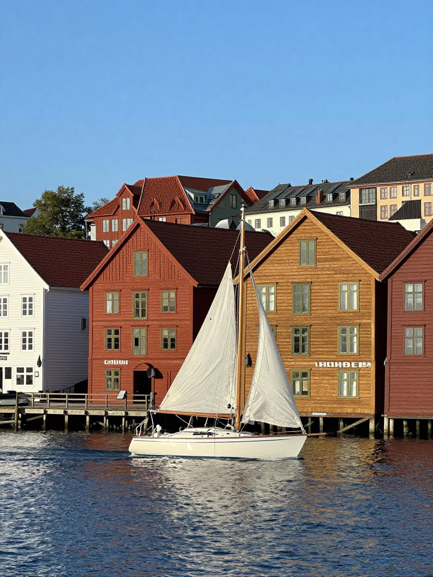 Bright Midmorning Light on Light Sailboat in Bergen in in Bergen, Norway