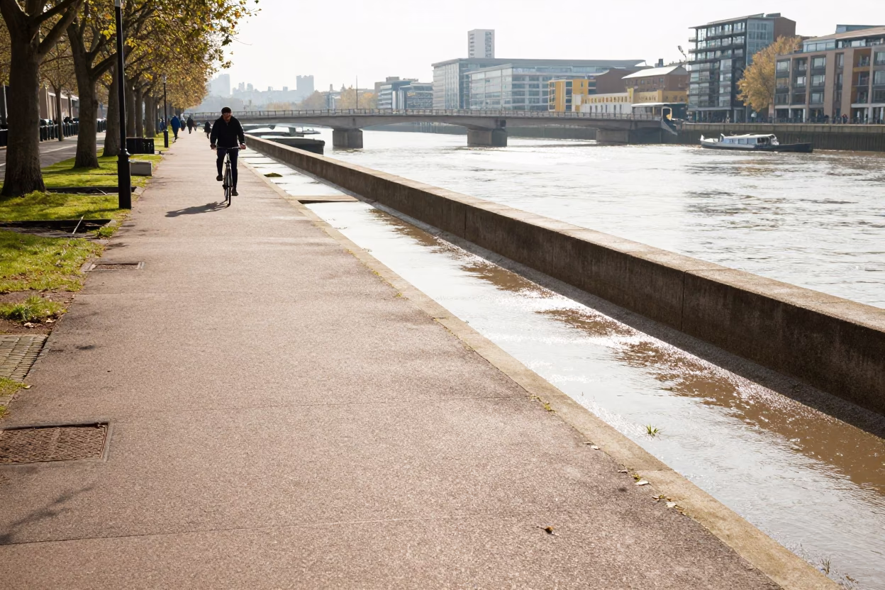 Bright Midmorning Light on London Levee Path and River Scene in in London, United Kingdom