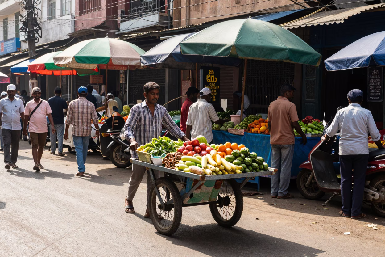 Bright Midmorning Light on Market Scene in Chennai in in Chennai, India