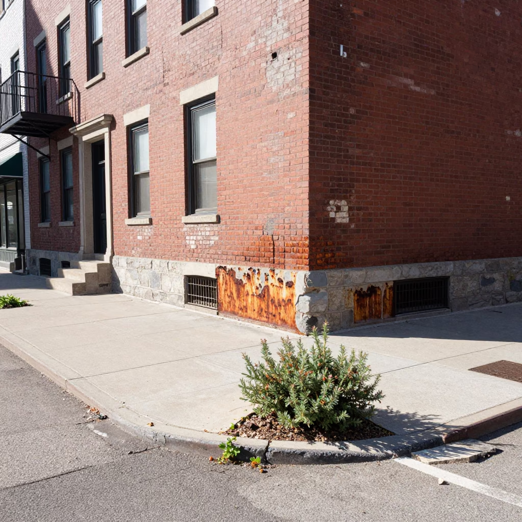Bright Midmorning Light on Montreal Street Corner with Rusty Frame and Scrub Brush in in Montreal, Quebec, Canada