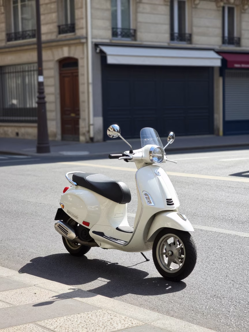 Bright Midmorning Light on Parisian Street with Scooter and Metro Train in in Paris, France