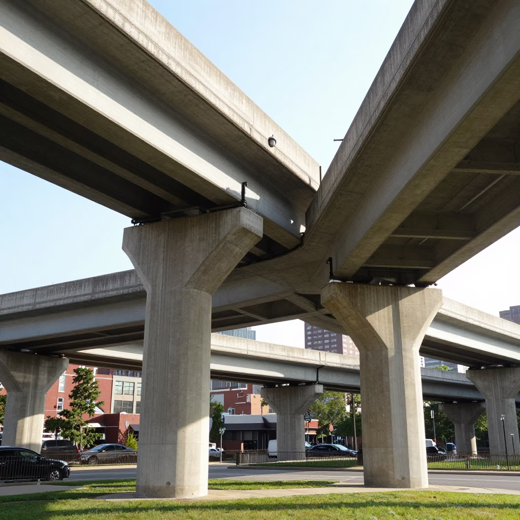 Bright Midmorning Light on Philadelphia Overpass Interchange Ramp Slicing Across Violet Sky in in Philadelphia, Pennsylvania, United States