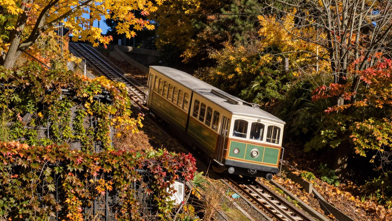 Bright Midmorning Light on Portland Hillside Funicular with Autumn Vines and Leaf Shadows in in Portland, Oregon, United States