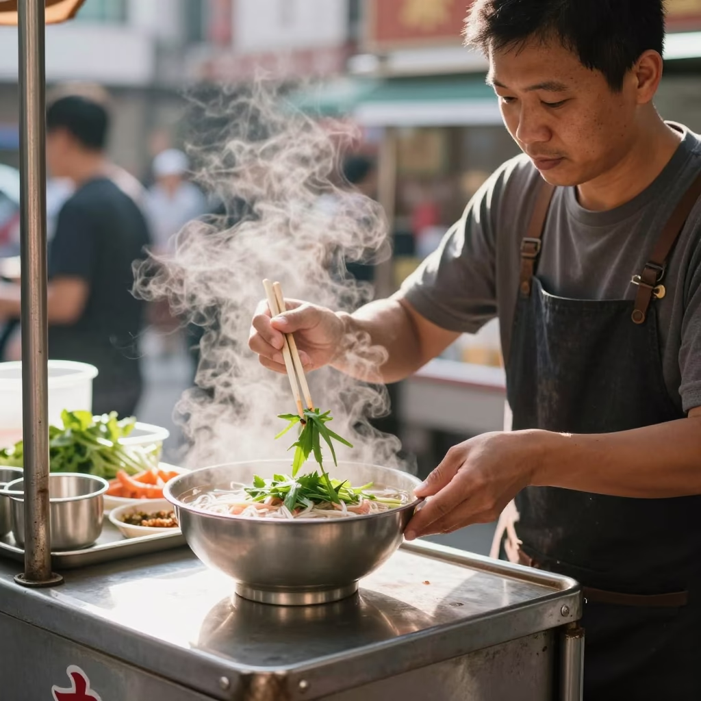Bright Midmorning Light on Serving Pho in Hong Kong in in Hong Kong, Hong Kong