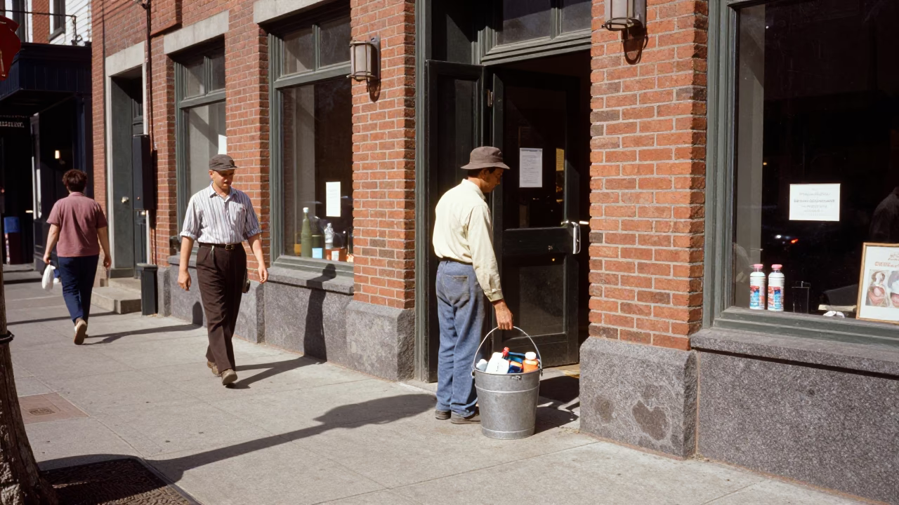 Bright Midmorning Light on Sidewalk Scene in Portland in in Portland, Oregon, United States