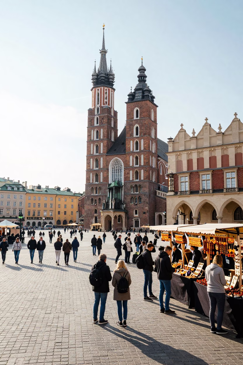 Bright Midmorning Light on Square Morning in Krakow in in Krakow, Poland