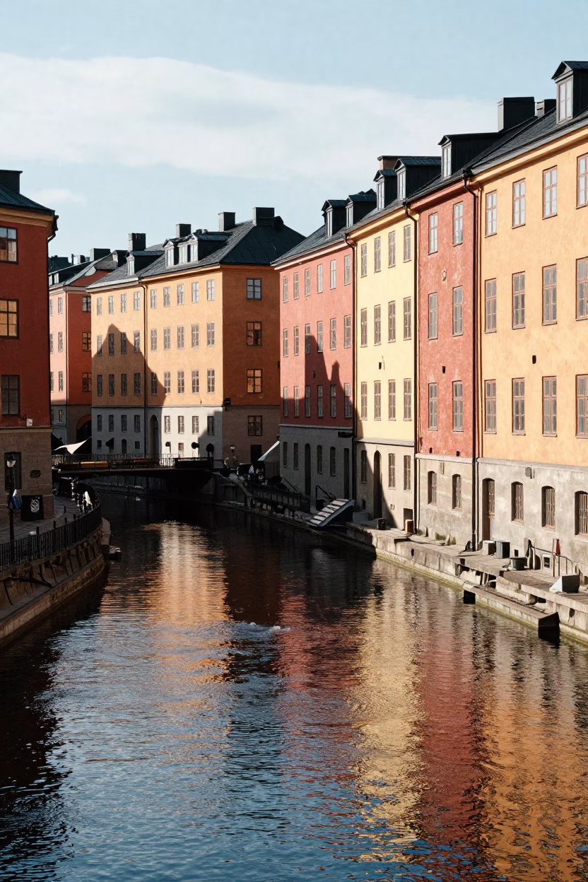 Bright Midmorning Light on Stockholm Canal with Brownstone Facades and Water Traffic in in Stockholm, Sweden