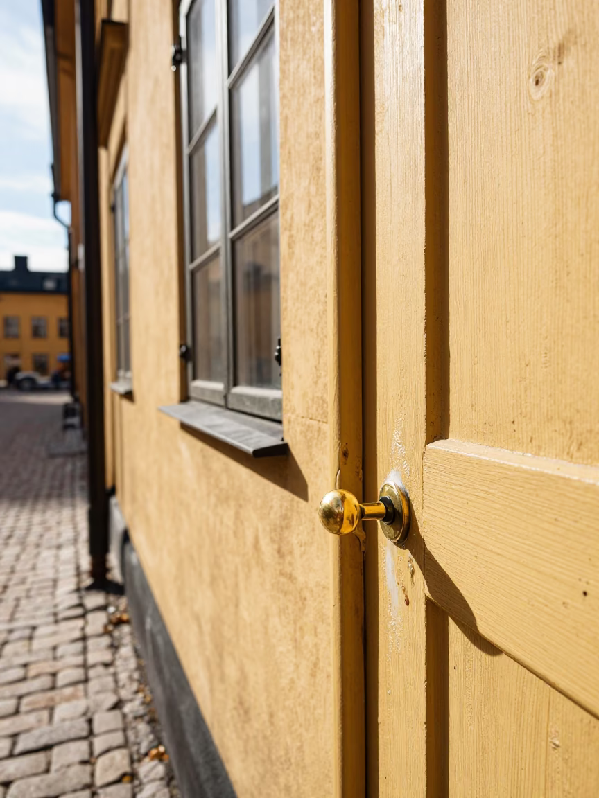 Bright Midmorning Light on Stockholm Wooden Facade and Brass Door Hardware Details in in Stockholm, Sweden