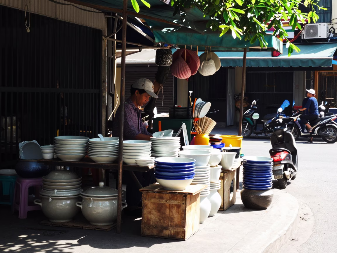 Bright Midmorning Light on Street Corner in Ho Chi Minh City in in Ho Chi Minh City, Vietnam