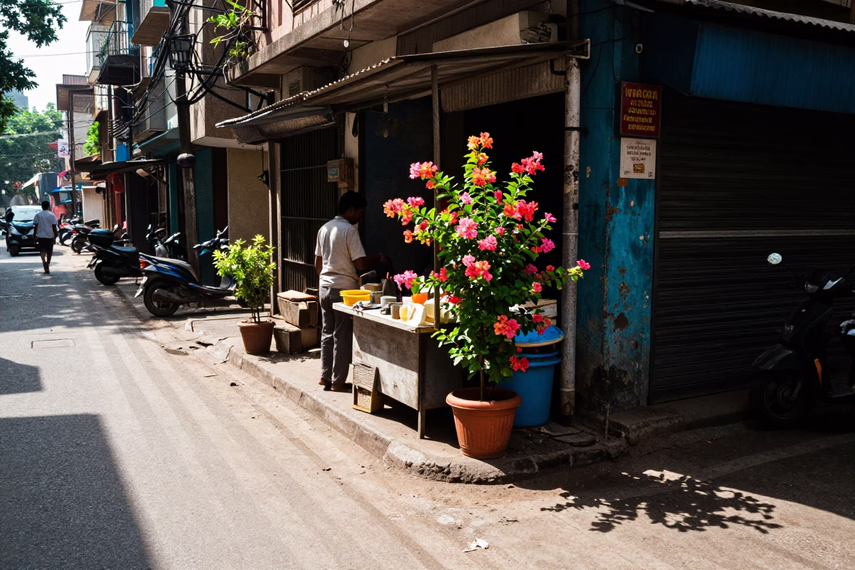 Bright Midmorning Light on Street Corner in Mumbai in in Mumbai, India
