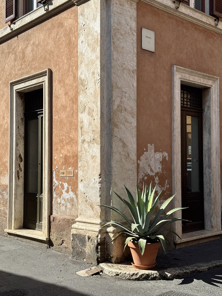 Bright Midmorning Light on Street Corner in Rome in in Rome, Italy