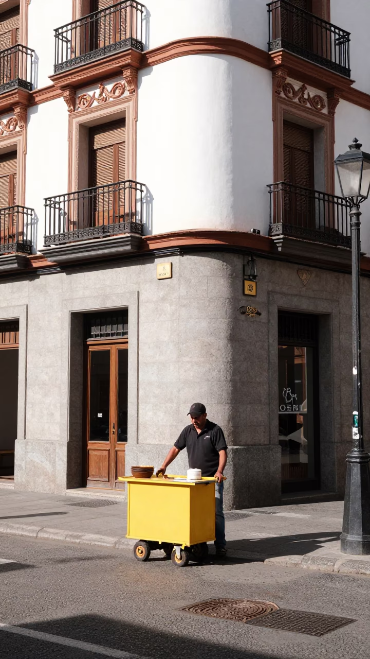 Bright Midmorning Light on Street Scene in Madrid in in Madrid, Spain