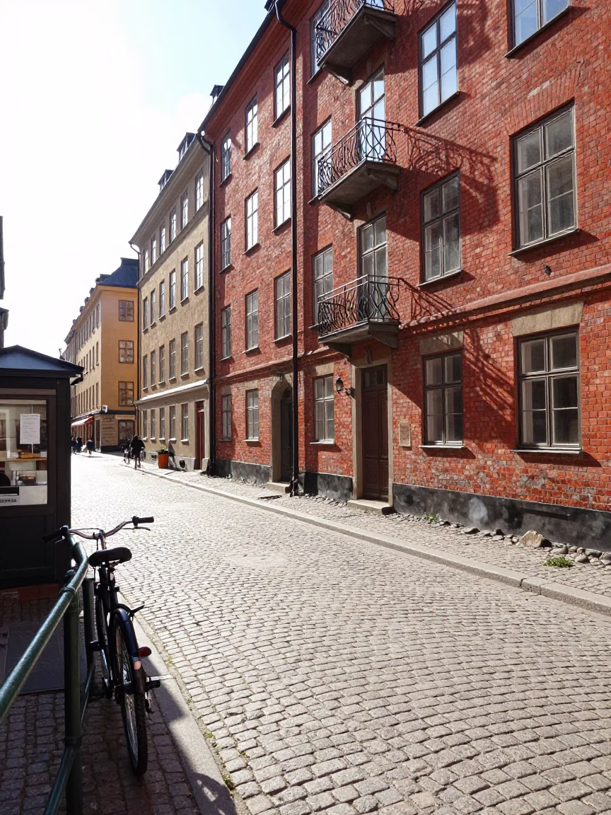 Bright Midmorning Light on Street Scene in Stockholm in in Stockholm, Sweden