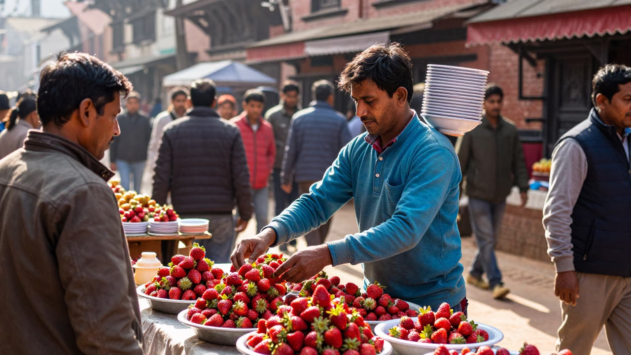 Bright Midmorning Light on Street Stall in Kathmandu in in Kathmandu, Nepal