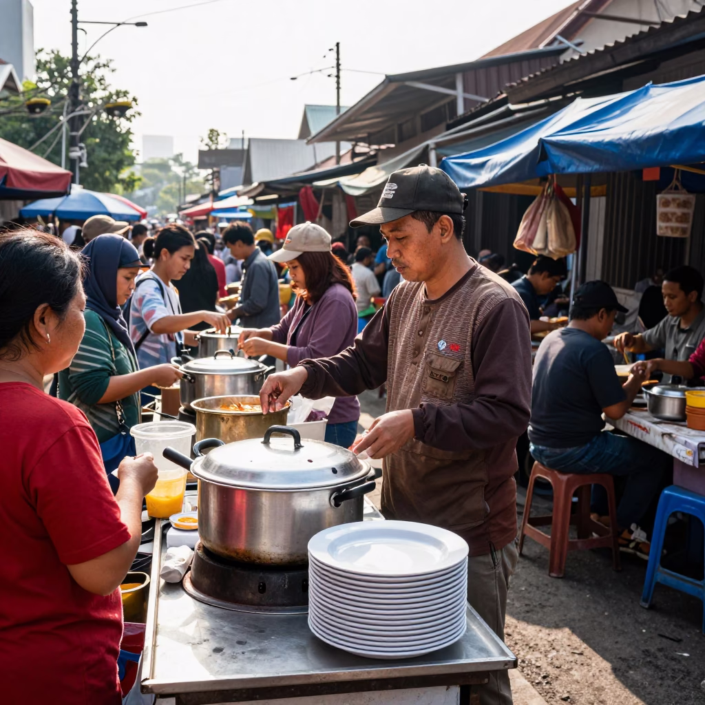 Bright Midmorning Light on Street Stall in Surabaya in in Surabaya, Indonesia