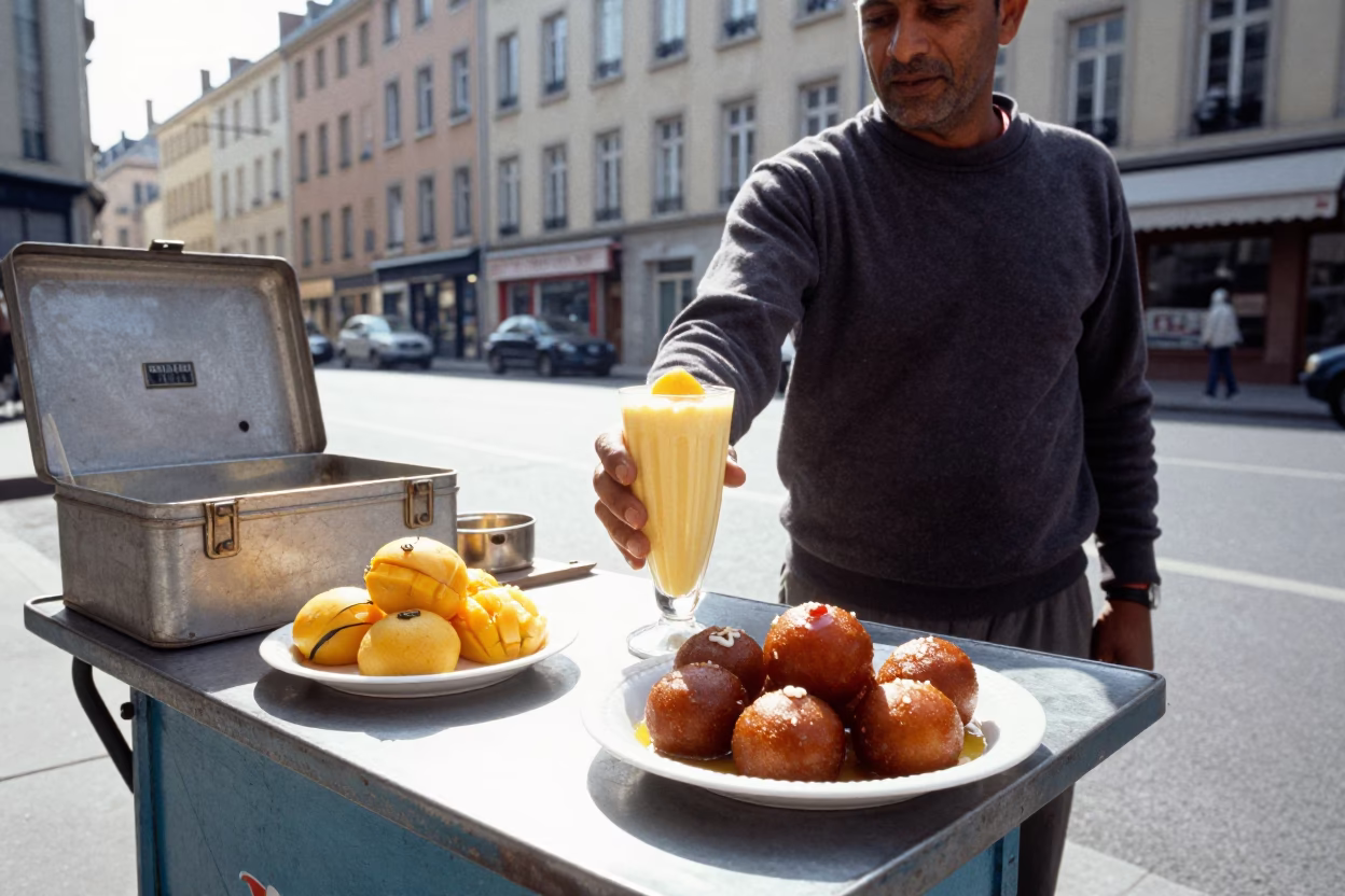 Bright Midmorning Light on Street Vendor in Lyon in in Lyon, France