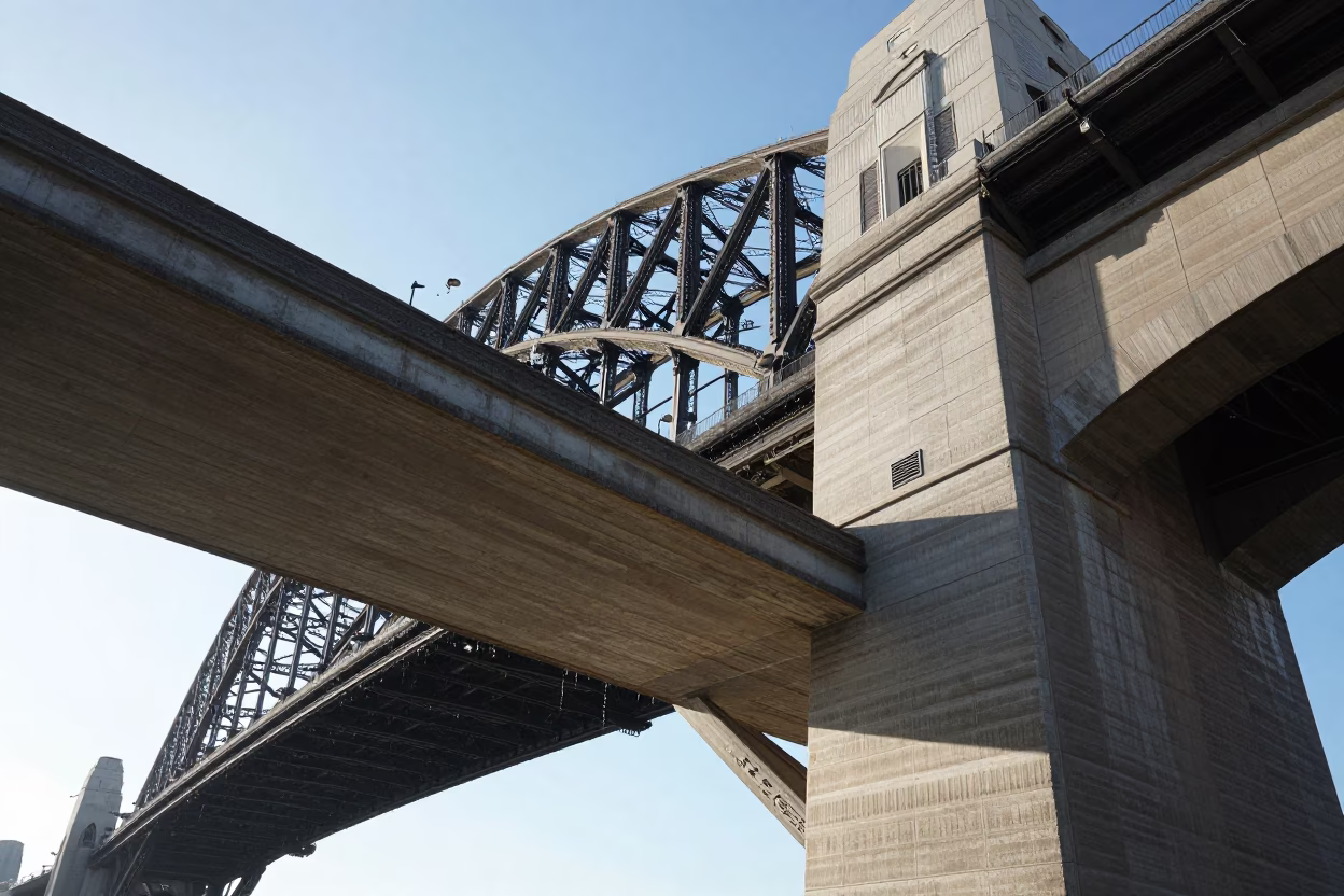 Bright Midmorning Light on Sydney Harbour Bridge Viaduct Arch Undercroft Dripping onto Ferny Stone in in Sydney, New South Wales, Australia
