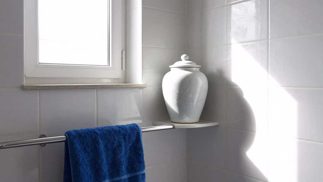 Bright Midmorning Light on Tiled Bathroom in Madrid in in Madrid, Spain