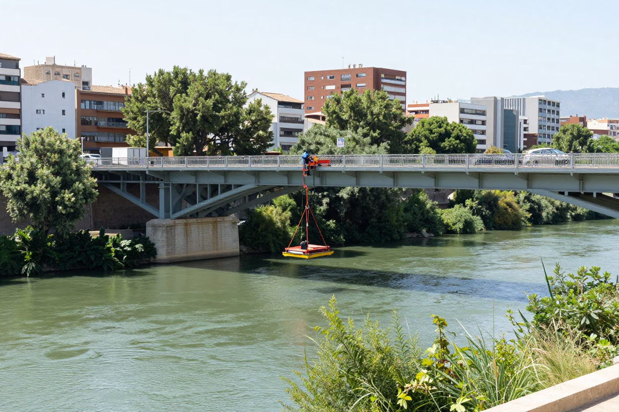 Bright Midmorning Light on Valencia Spain Cityscape with Bridge Maintenance Cradle in in Valencia, Spain