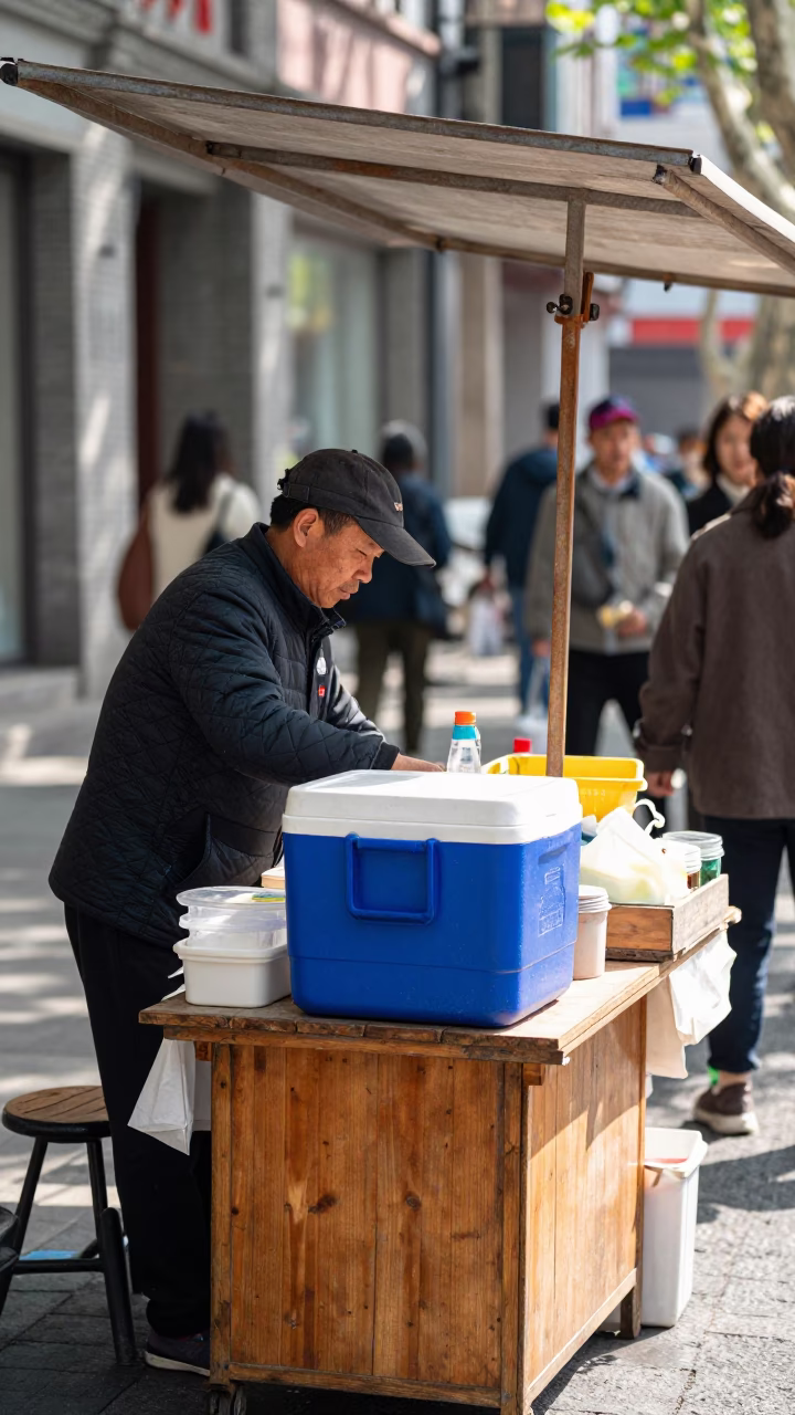 Bright Midmorning Light on Vendor Stall in Shanghai in in Shanghai, China