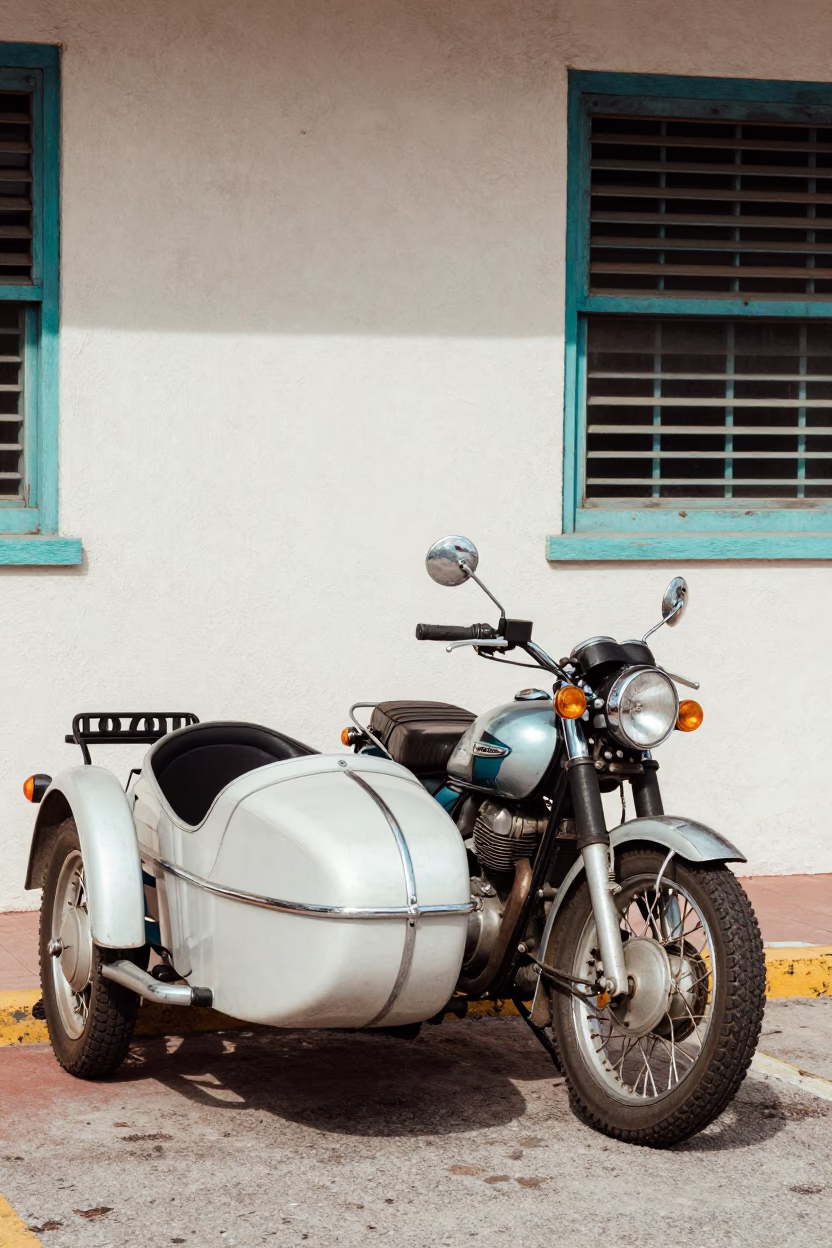 Bright Midmorning Light on Vintage Motorcycle in Miami in in Miami, Florida, United States
