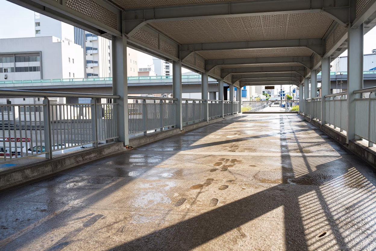 Bright Midmorning Light on Wet Footsteps in Osaka in in Osaka, Japan