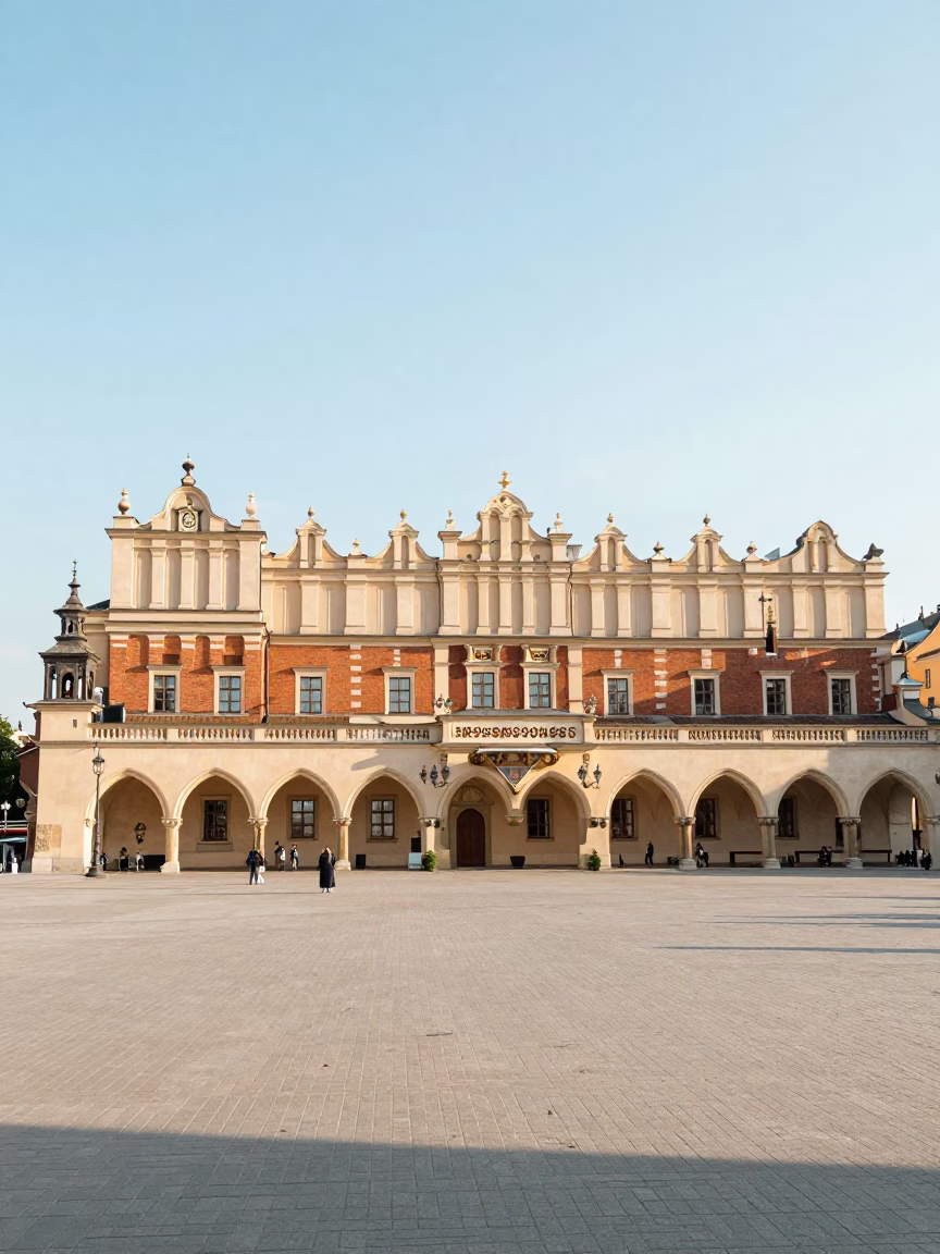Bright Midmorning Light Over Krakow Poland Main Square Historic Facades and Tram in in Krakow, Poland