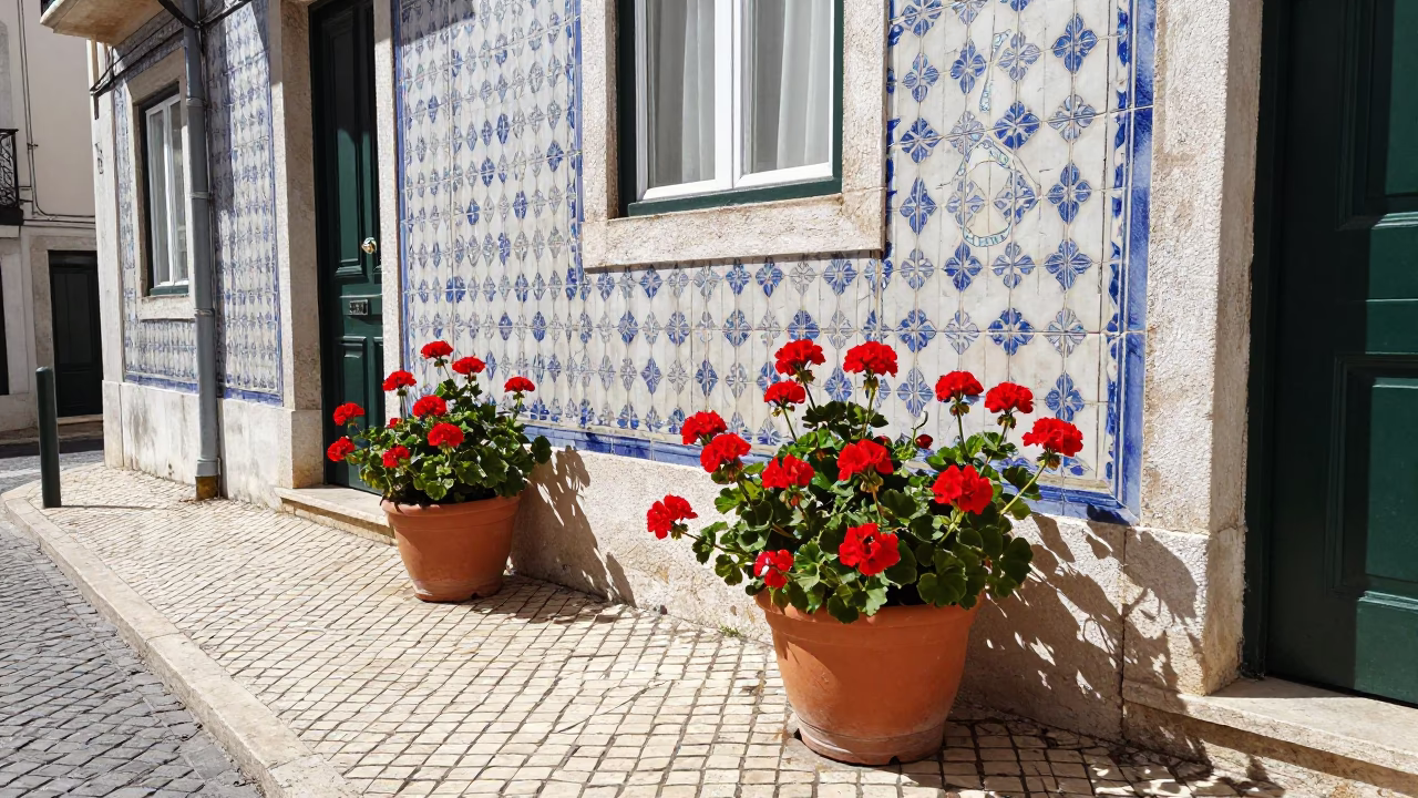 Bright Midmorning Lisbon Street Scene with Geraniums and Traditional Tiles in in Lisbon, Portugal