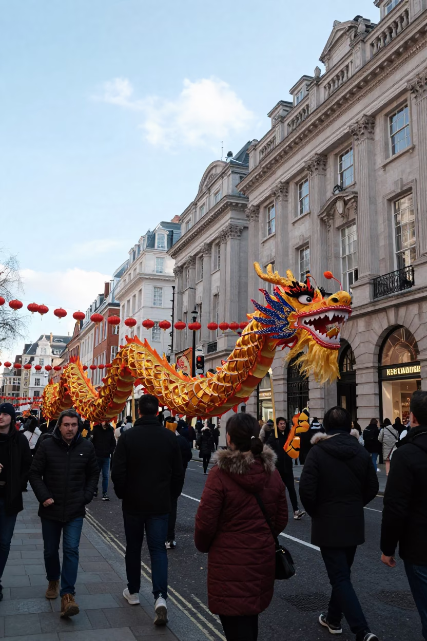 Bright Midmorning London Street Scene with Chinese New Year Dragon Parade and Crowd in in London, United Kingdom