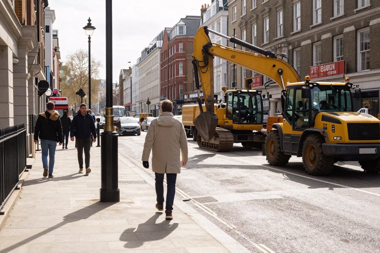 Bright Midmorning London Street Scene with Construction Activity and Casual Observer in in London, United Kingdom
