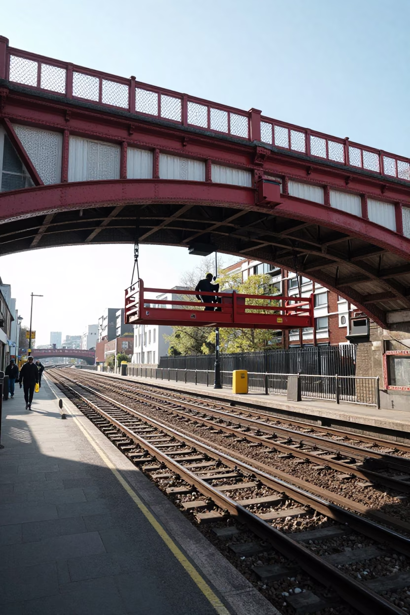 Bright Midmorning London Street Scene with Red Bridge Maintenance Cradle and River in in London, United Kingdom