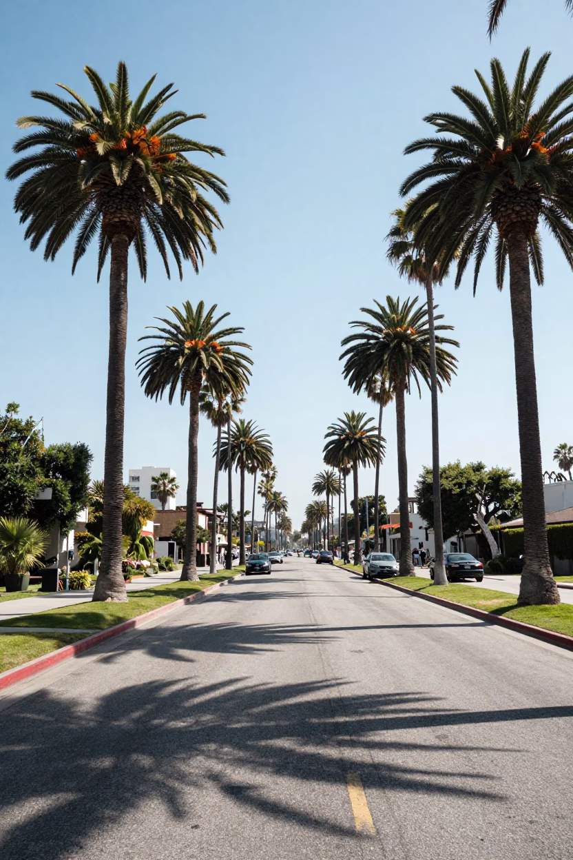 Bright Midmorning Los Angeles Palm Tree Avenue Boulevard Street Scene in in Los Angeles, California, United States