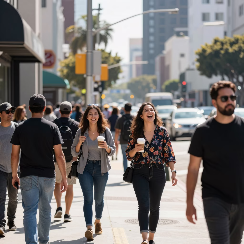 Bright Midmorning Los Angeles Street Scene with Casual Pedestrians and Urban Details in in Los Angeles, California, United States