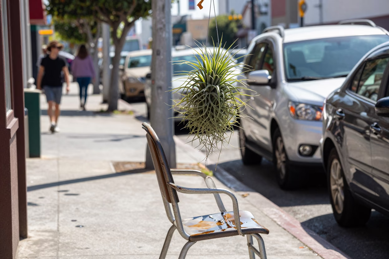 Bright Midmorning Los Angeles Street Scene with Hanging Air Plant and Vintage Details in in Los Angeles, California, United States