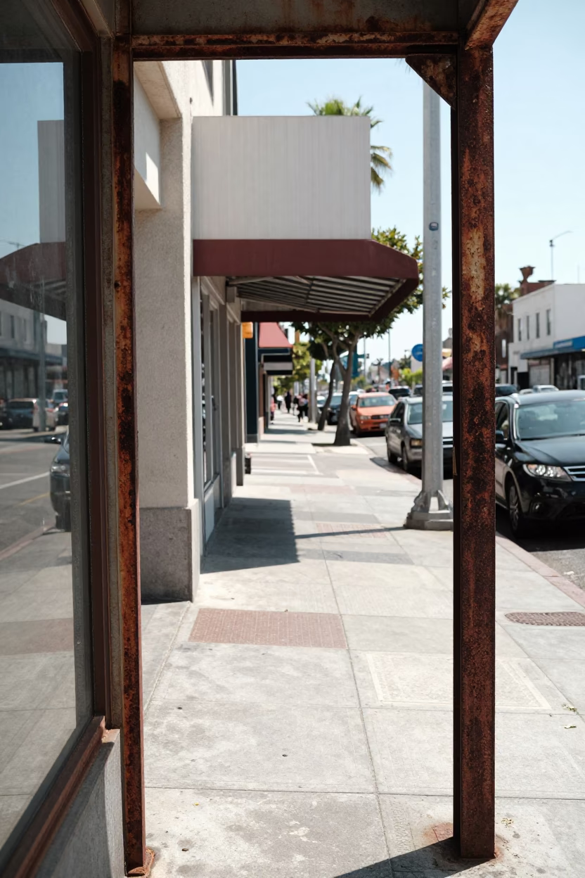Bright Midmorning Los Angeles Street Scene with Rusty Doorframe and Vintage Basket in in Los Angeles, California, United States