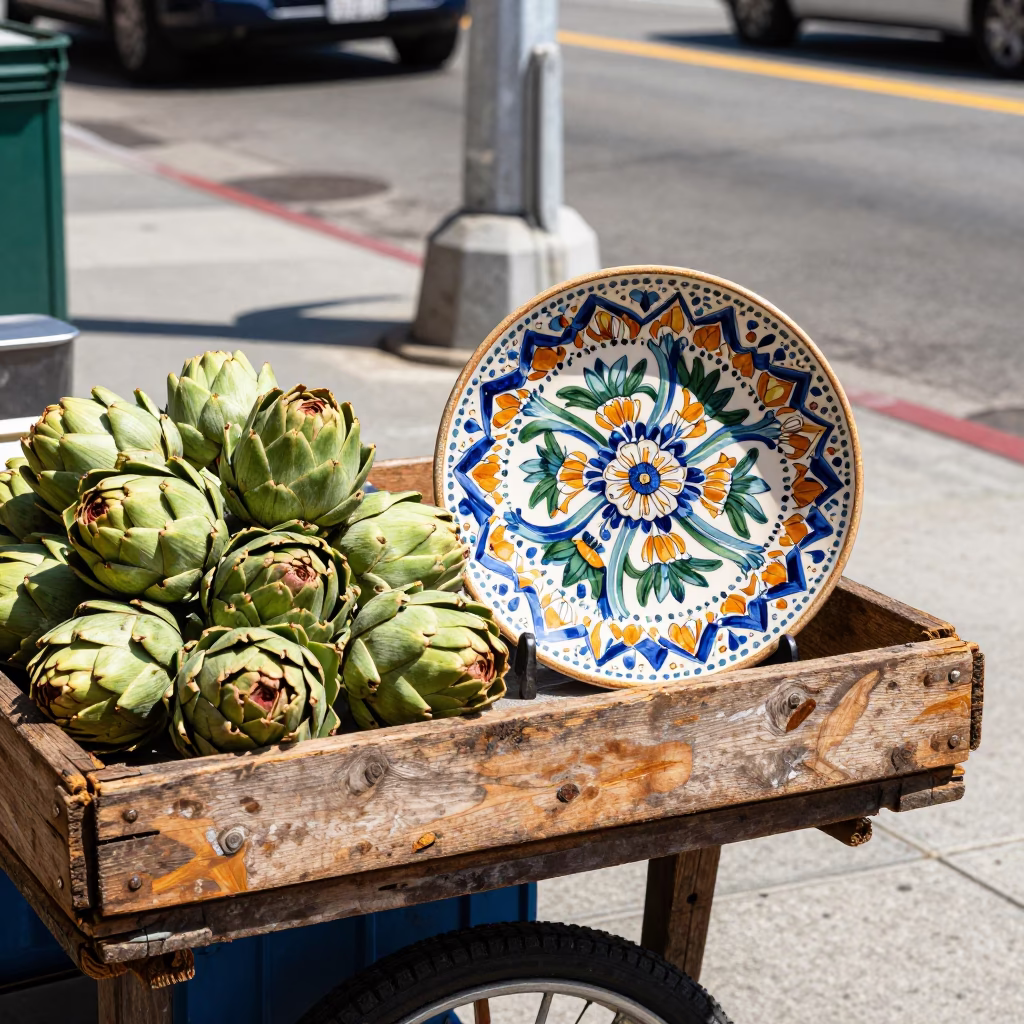 Bright Midmorning Los Angeles Street Scene with Vintage Majolica Plate and Fresh Artichokes in in Los Angeles, California, United States