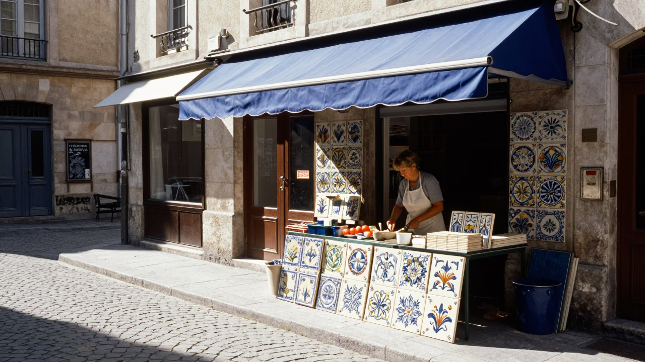 Bright Midmorning Lyon Street Scene with Ceramic Tiles and Pitcher in in Lyon, France