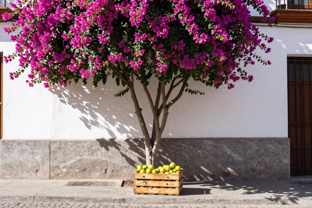 Bright Midmorning Madrid Street Scene with Bougainvillea and Fruit Crate in in Madrid, Spain